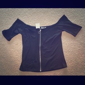 Off Shoulder Black Zip Up Shirt